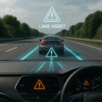 A modern car using lane assist technology on a highway with visual lane guidance overlay