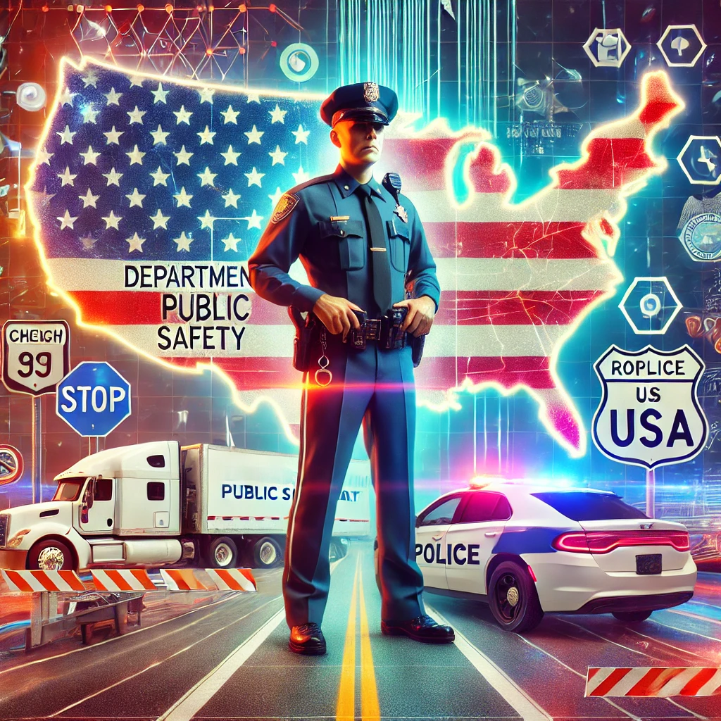 A Department of Public Safety officer patrolling a U.S. highway during daylight