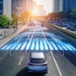 A car automatically braking in front of a pedestrian crossing using radar-based emergency braking technology
