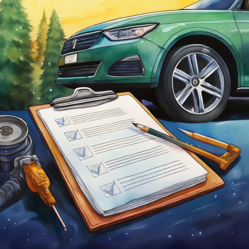 Mechanic checking coolant and tire pressure during seasonal car maintenance