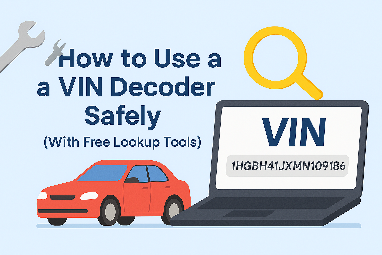 Illustration showing how to use a VIN decoder safely with online lookup tools.